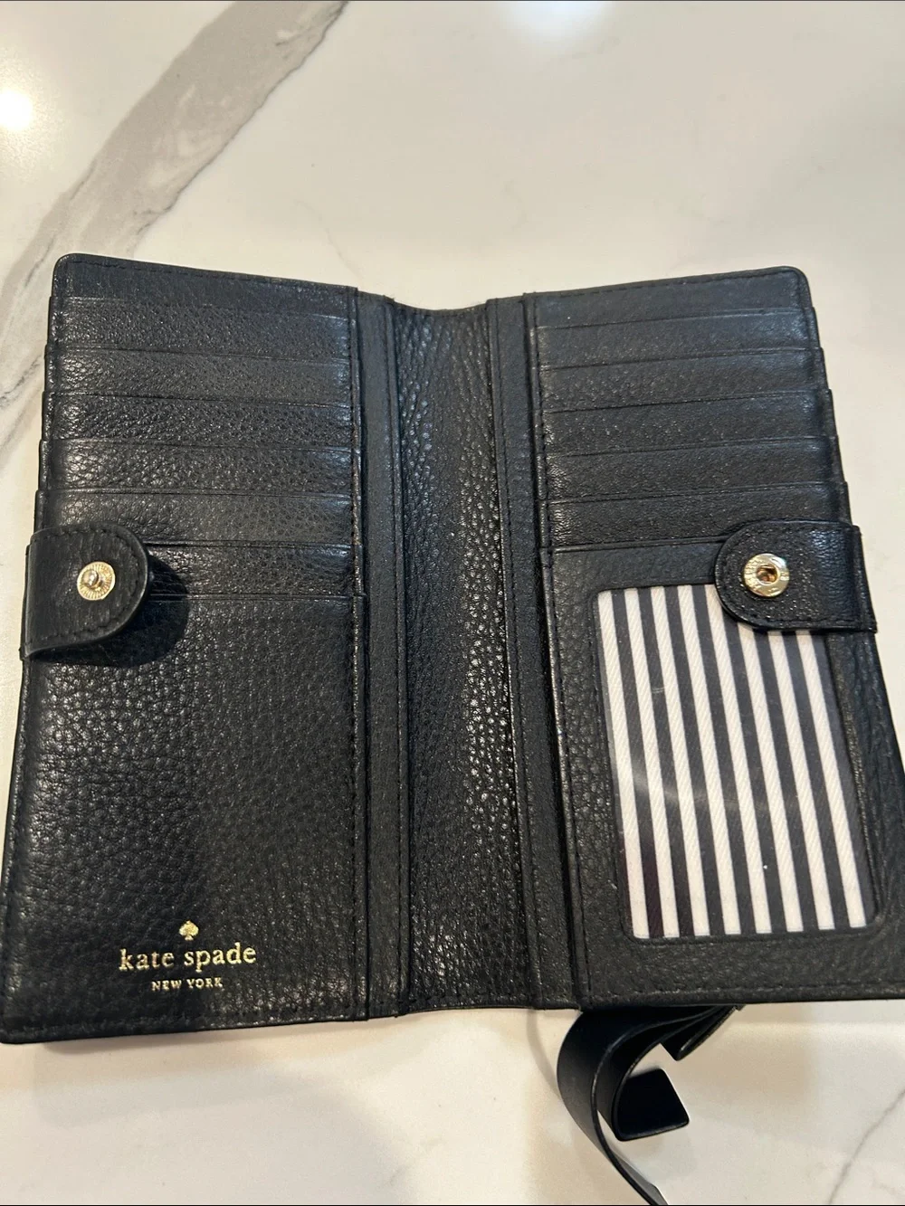Kate Spade Black Pebbled Leather Continental Wallet with Gold Spade Logo